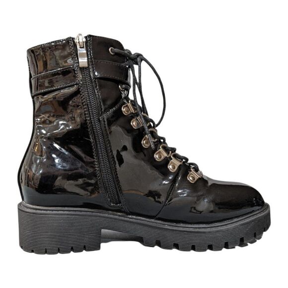 Adika Women's Black Patent Lace up Ankle Boots Side Zip & Ankle Strap Size 8 - Picture 3 of 8